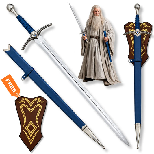 Gandalf Glamdring sword LOTR prop replica with blue scabbard and display wall plaque
