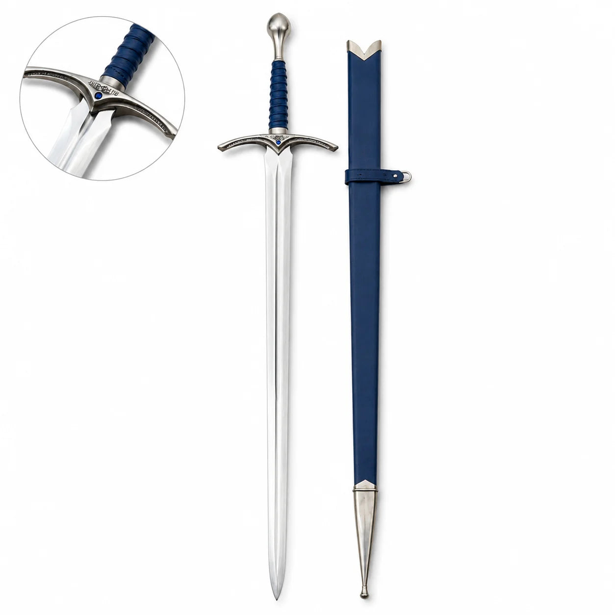 Gandalf Glamdring sword prop replica full length with navy blue scabbard on forest log – LOTR collectible