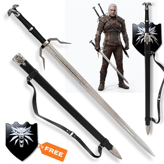 Geralt of Rivia Runed Silver Sword prop replica with black scabbard and Witcher wolf wall display plaque – Witcher collectible
