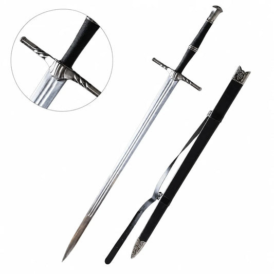 Geralt of Rivia steel sword prop replica full length on mossy rock with free black leather scabbard showing polished silver blade triple fuller grooves ornate silver crossguard twisted quillons black cord grip silver ring spacers and silver faceted pommel – Witcher display collectible