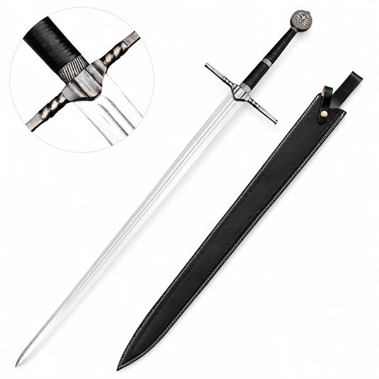 Geralt of Rivia Superior Wolven steel sword prop replica full length on mossy rock with free black leather scabbard showing polished silver blade triple fuller grooves ornate silver angular crossguard black cord grip silver ring spacers and School of the Wolf medallion pommel – Witcher display collectible