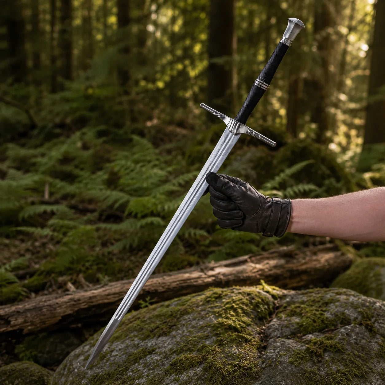 Geralt of Rivia Witcher Steel Sword display replica with silver fantasy styling, black handle details, decorative collector appeal, cosplay prop use, and gamer room decor