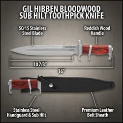 Bloodwood Sub Hilt Knife | Gil Hibben Toothpick | 10 7/8” 5Cr15 stainless steel blade | 16” overall | premium leather belt sheath included