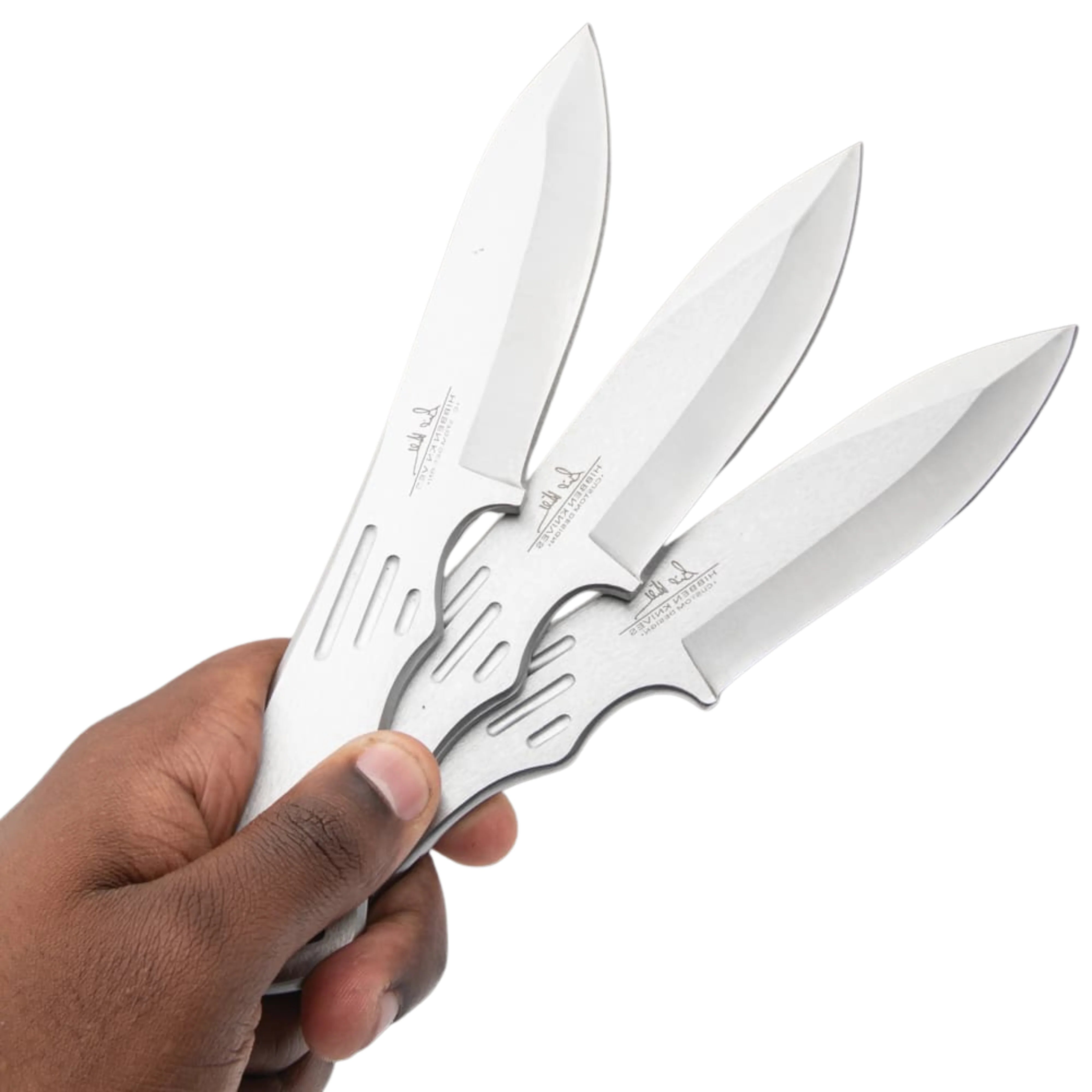 Gil Hibben large triple throwers with 8.625-inch stainless blades and nylon sheath for competition