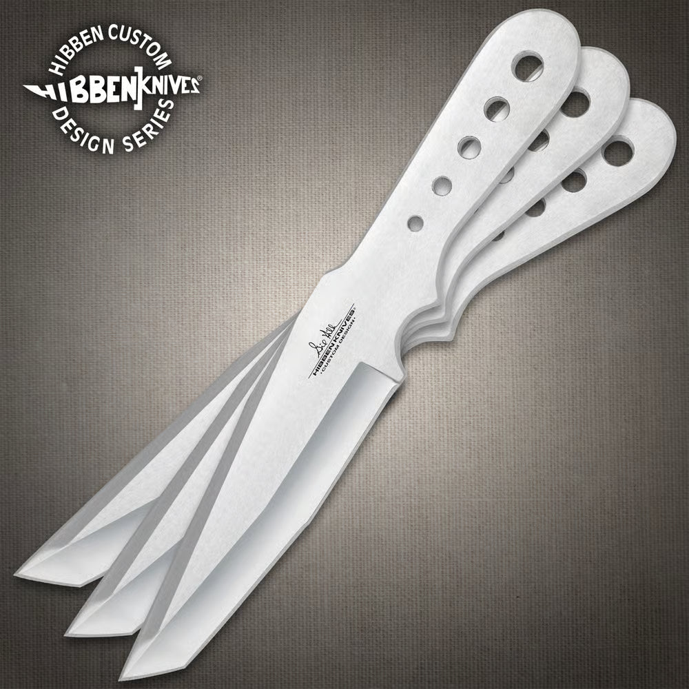 Gil Hibben large triple throwing knife set with AUS-6 stainless steel and leather belt sheath