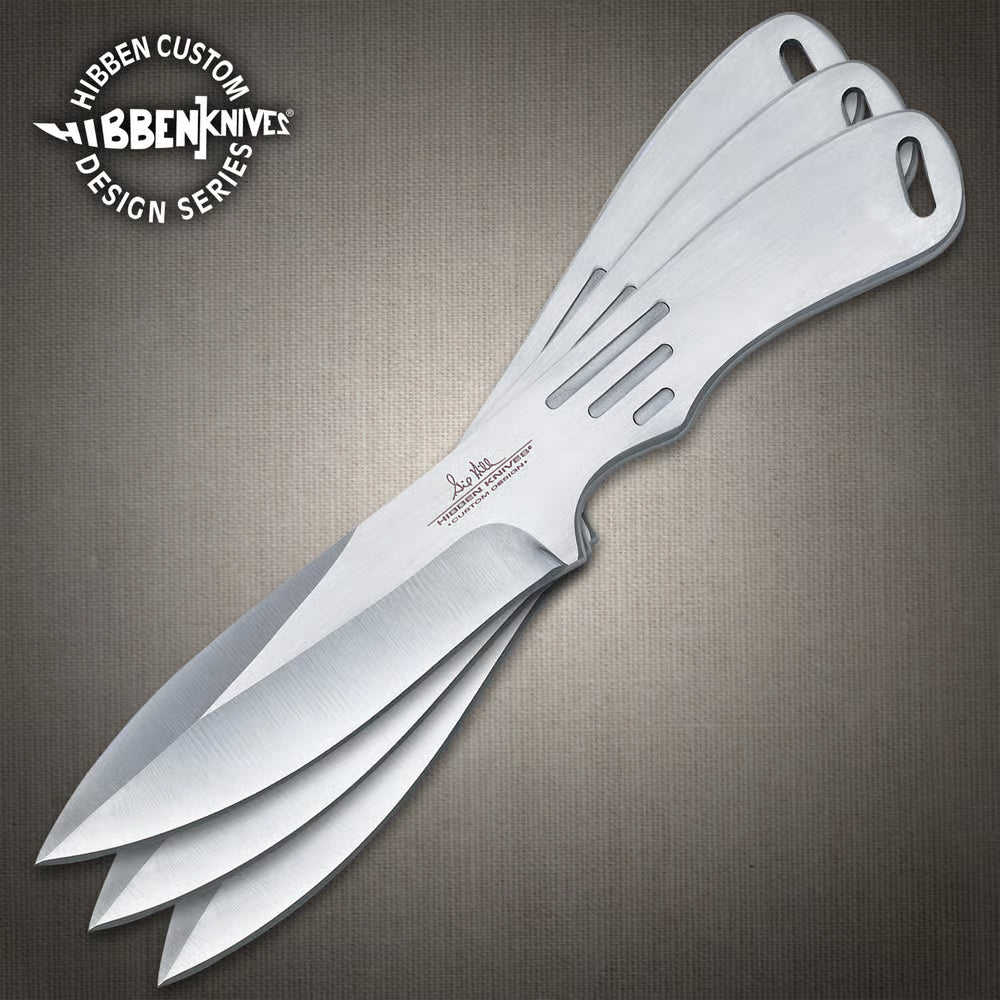 Gil Hibben large triple throwing knife set with stainless steel build and nylon sheath