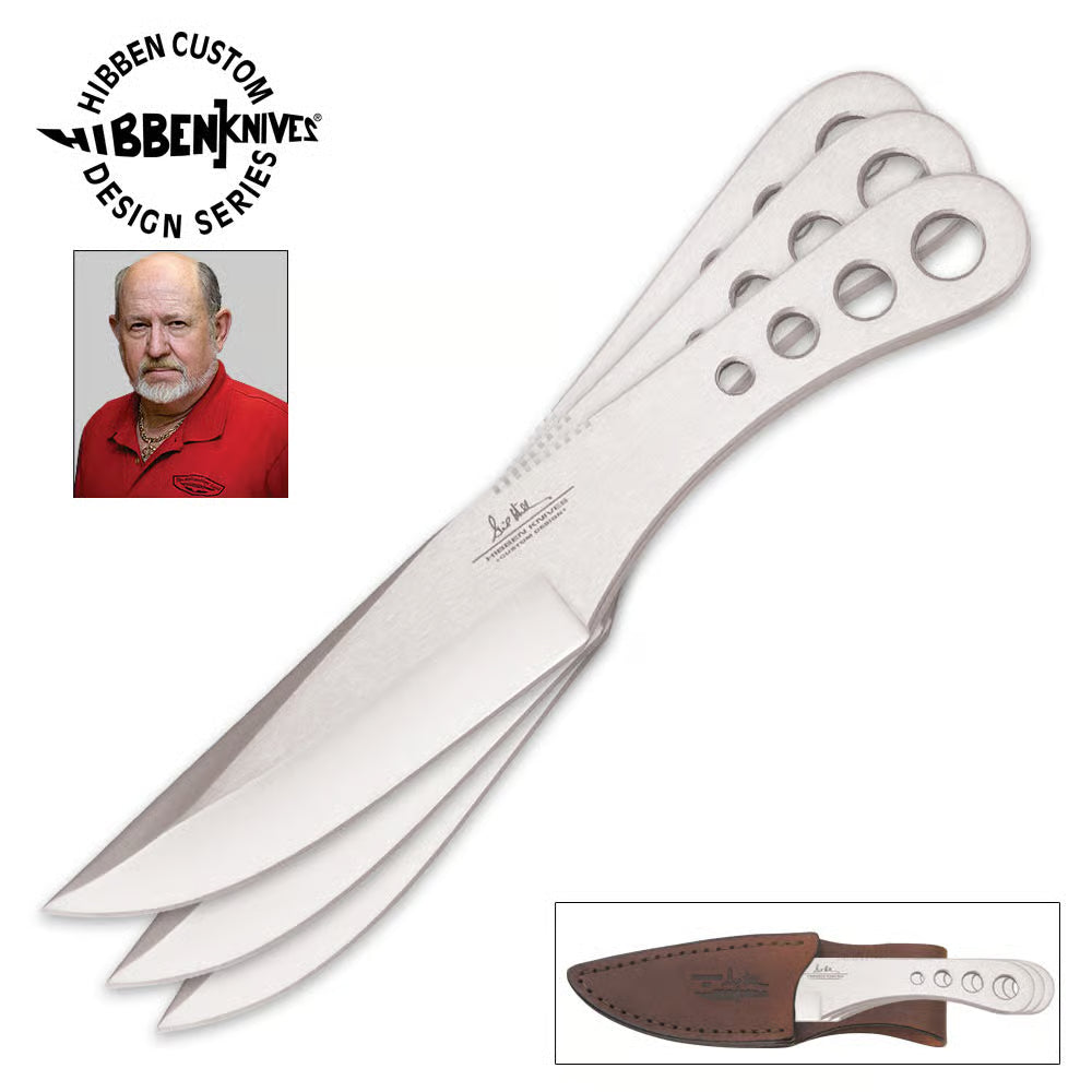 Gil Hibben professional throwing knives triple set with genuine leather sheath