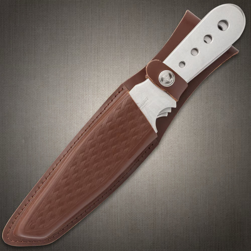 Gil Hibben large triple throwing knife set with AUS-6 stainless steel and leather belt sheath