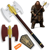 Gimli battle axe LOTR Dwarven prop replica with double axe head, wooden handle and decorative wall display plaque