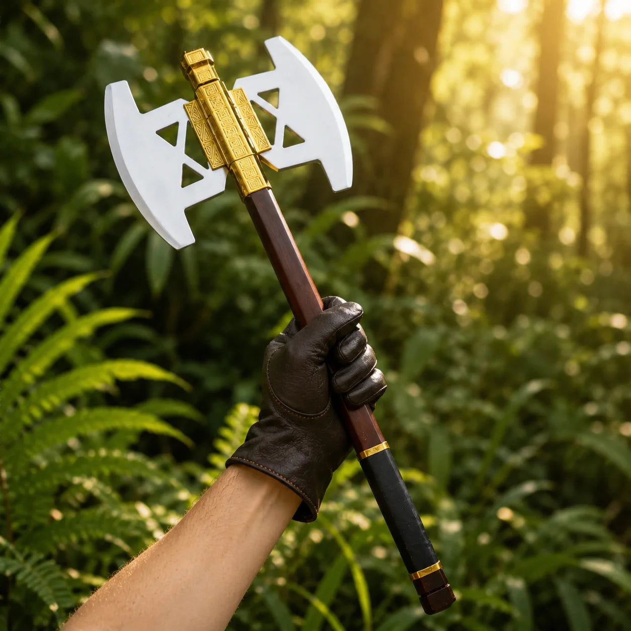 Gimli battle axe prop replica full length on mossy log in sunlit forest showing complete double-headed white silver axe head gold engraved Dwarven collar dark brown haft and black leather grip with hexagonal pommel cap – LOTR fan gift