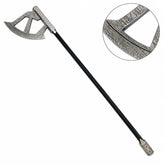 Gimli walking axe prop replica full length on mossy rock with crescent axe head and Dwarvish runic engravings on black shaft – LOTR display collectible