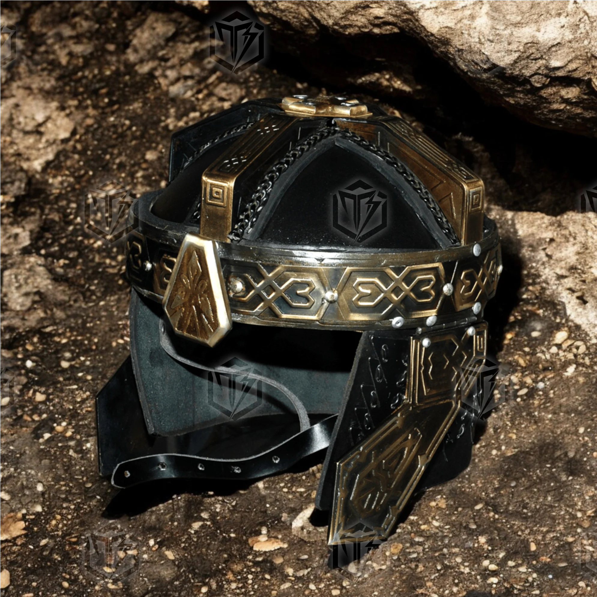 Premium Gimli’s Dwarven Helmet LOTR Replica with Oak Stand