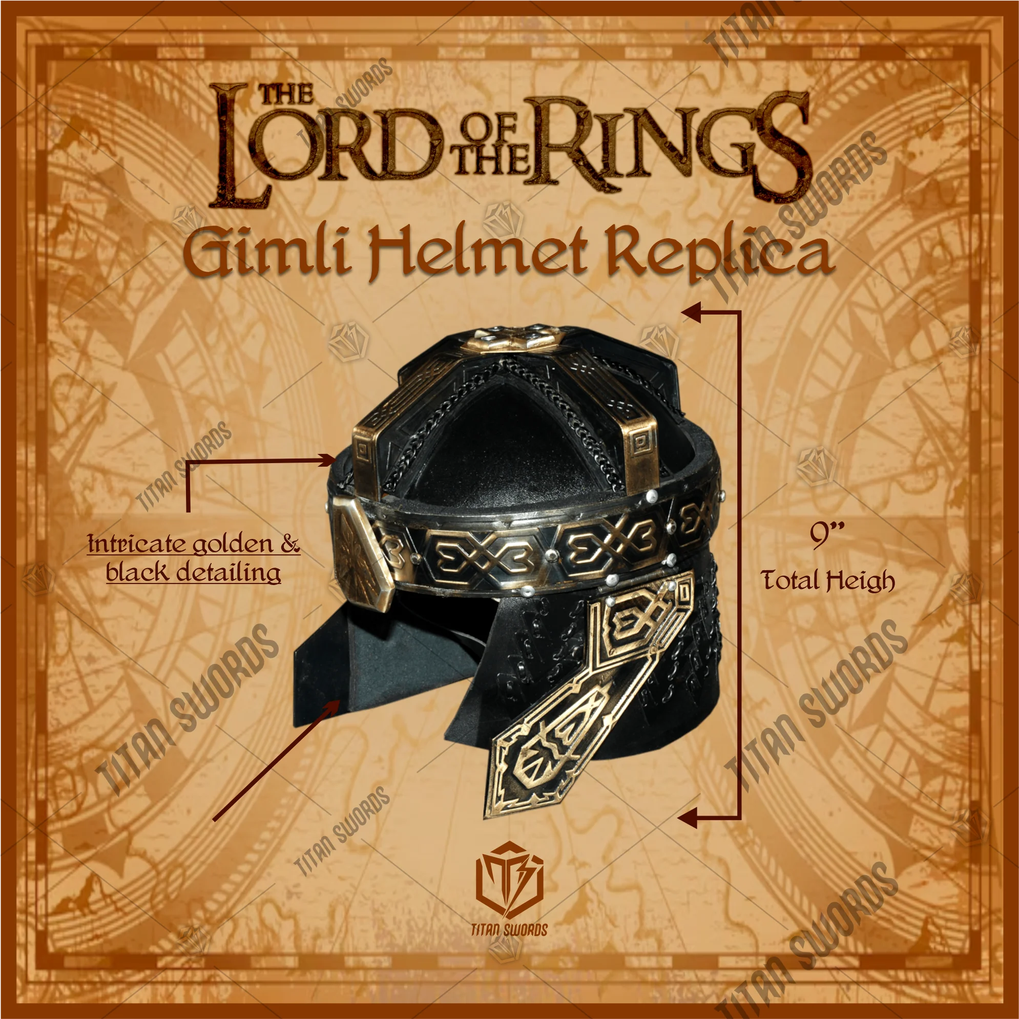 Premium Gimli’s Dwarven Helmet LOTR Replica with Oak Stand