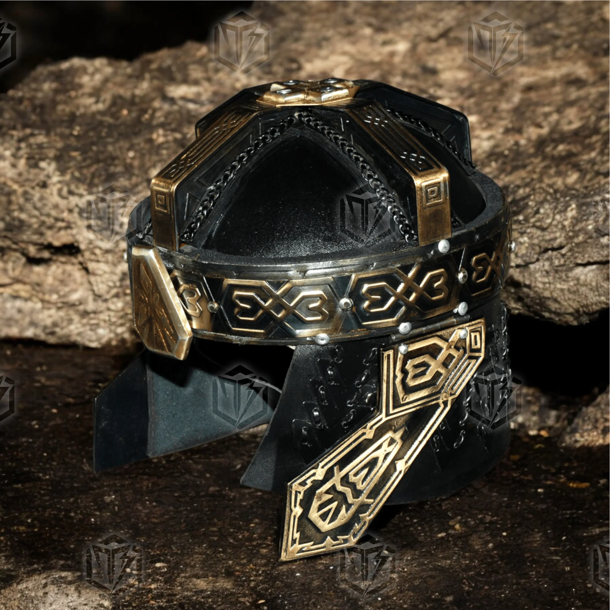 Premium Gimli’s Dwarven Helmet LOTR Replica with Oak Stand