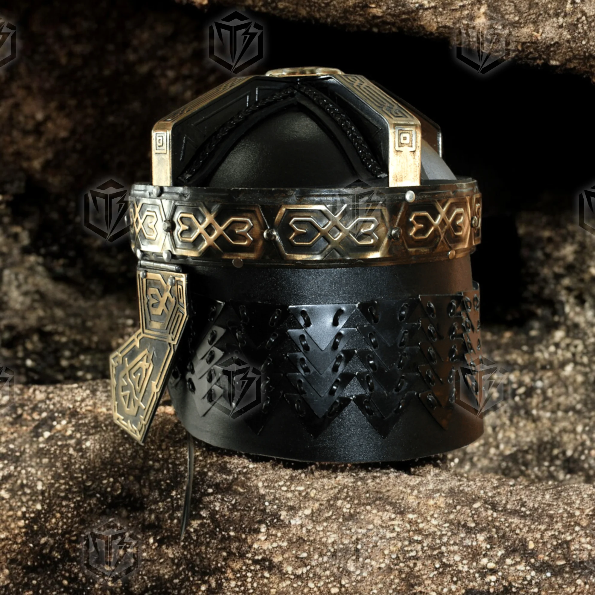 Premium Gimli’s Dwarven Helmet LOTR Replica with Oak Stand