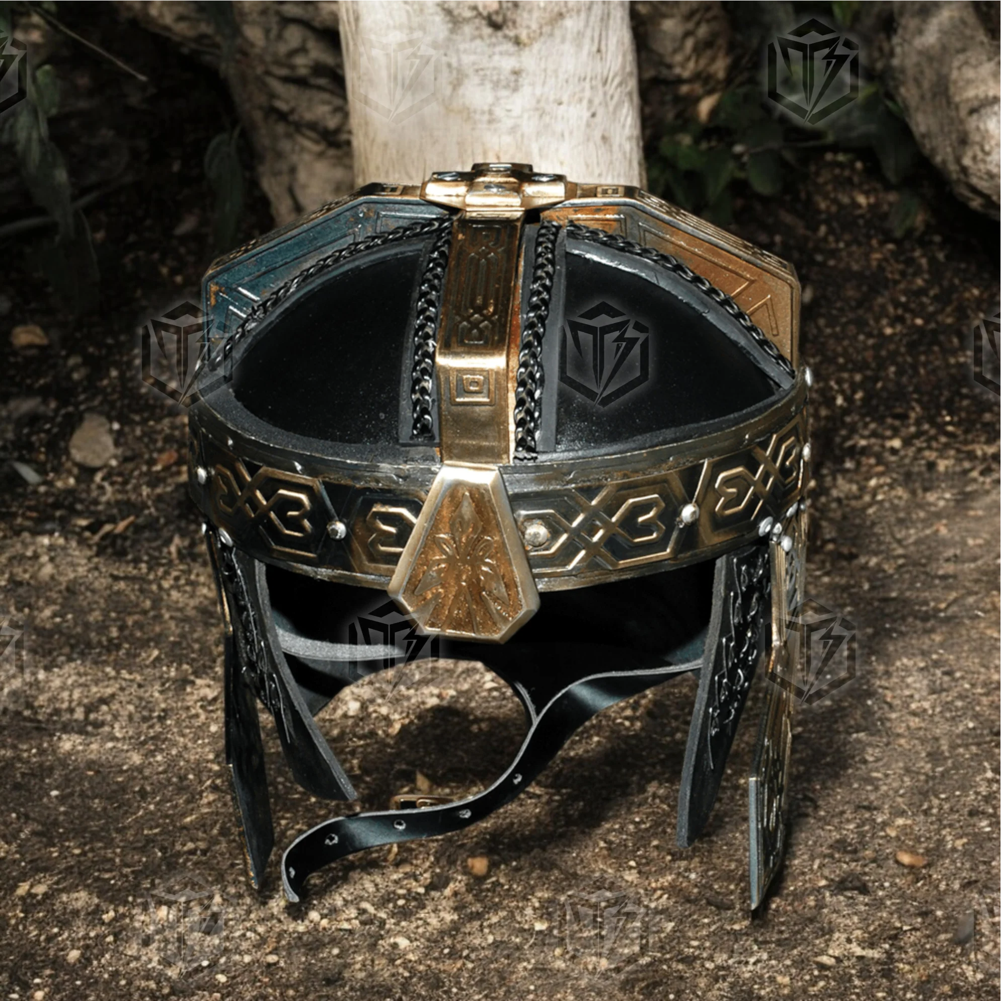 Premium Gimli’s Dwarven Helmet LOTR Replica with Oak Stand