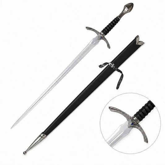 Glamdring Sword of Gandalf LOTR display replica with black and silver fantasy styling, dark accent details, and collectible Middle-earth decor presentation