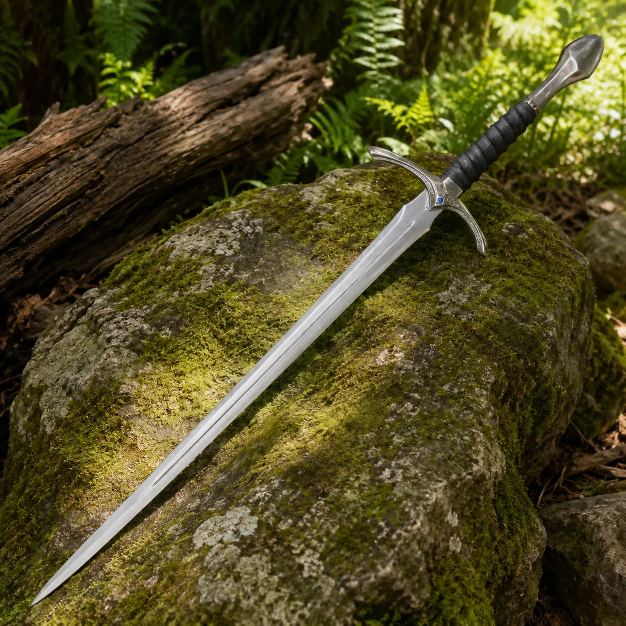 Glamdring Sword of Gandalf LOTR display replica with black and silver fantasy styling, dark accent details, and collectible Middle-earth decor presentation