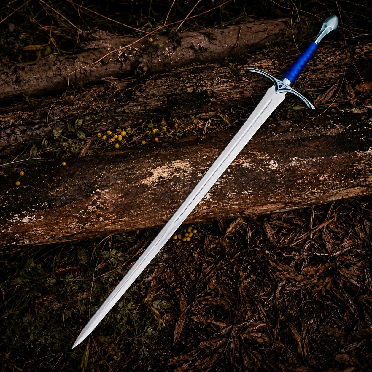 Universal Image Alt Text: Glamdring LOTR elven decorative display replica with blue ribbed grip and matching blue display sheath with metallic silver trim.