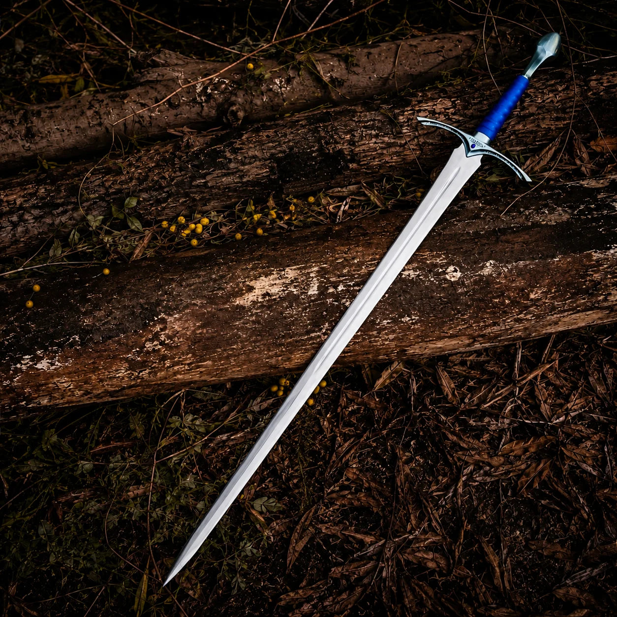 Universal Image Alt Text: Glamdring LOTR elven decorative display replica with blue ribbed grip and matching blue display sheath with metallic silver trim.