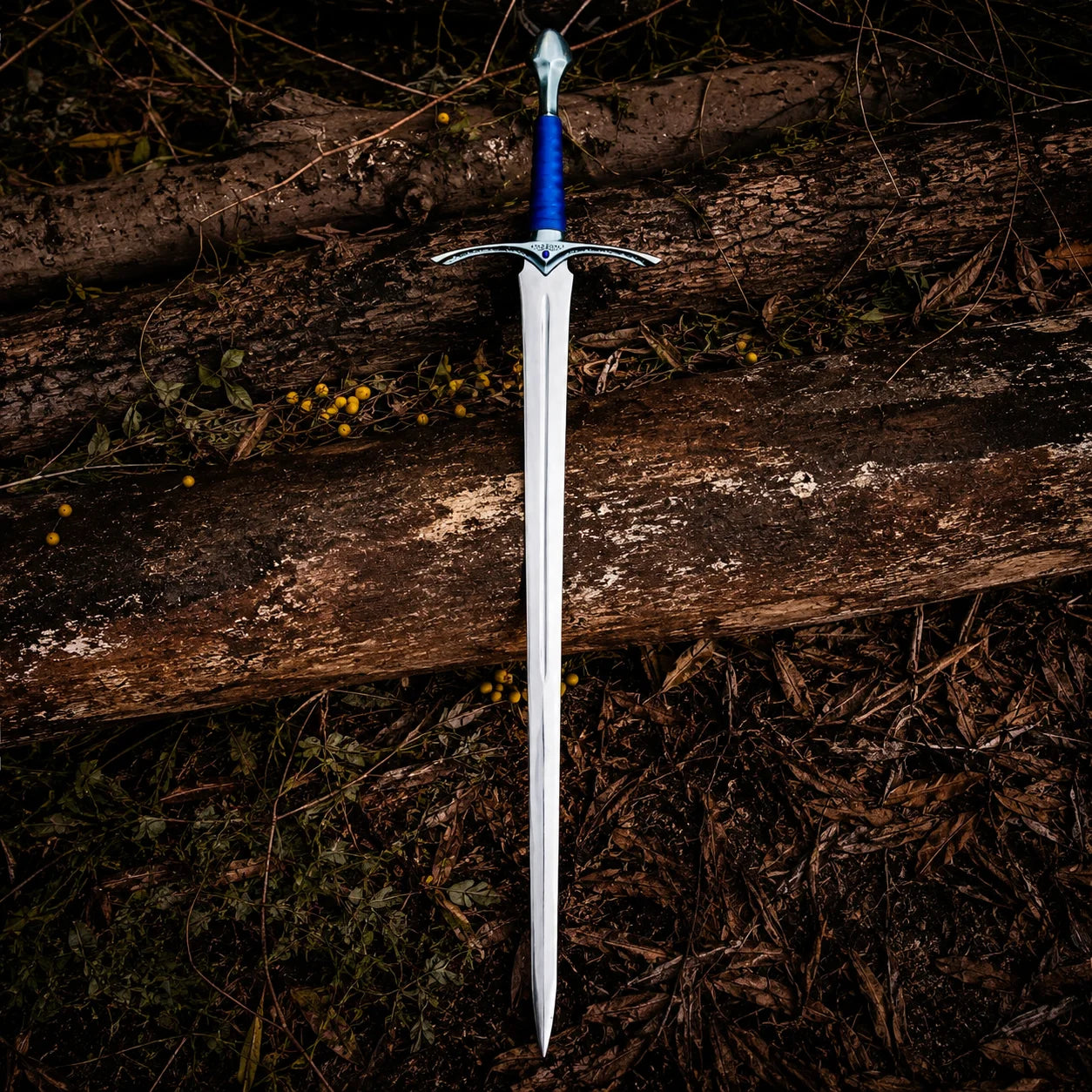 Universal Image Alt Text: Glamdring LOTR elven decorative display replica with blue ribbed grip and matching blue display sheath with metallic silver trim.