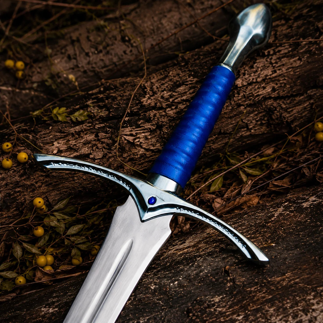 Universal Image Alt Text: Glamdring LOTR elven decorative display replica with blue ribbed grip and matching blue display sheath with metallic silver trim.