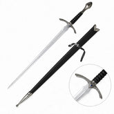 Glamdring sword of Gandalf prop replica close-up showing ornate engraved silver crossguard blue gemstone accent and black leather ribbed grip on mossy log – LOTR display collectible