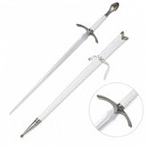 Glamdring sword of Gandalf White prop replica blade tip close-up on mossy rock in sunlit forest showing polished silver single fuller profile – LOTR display collectible