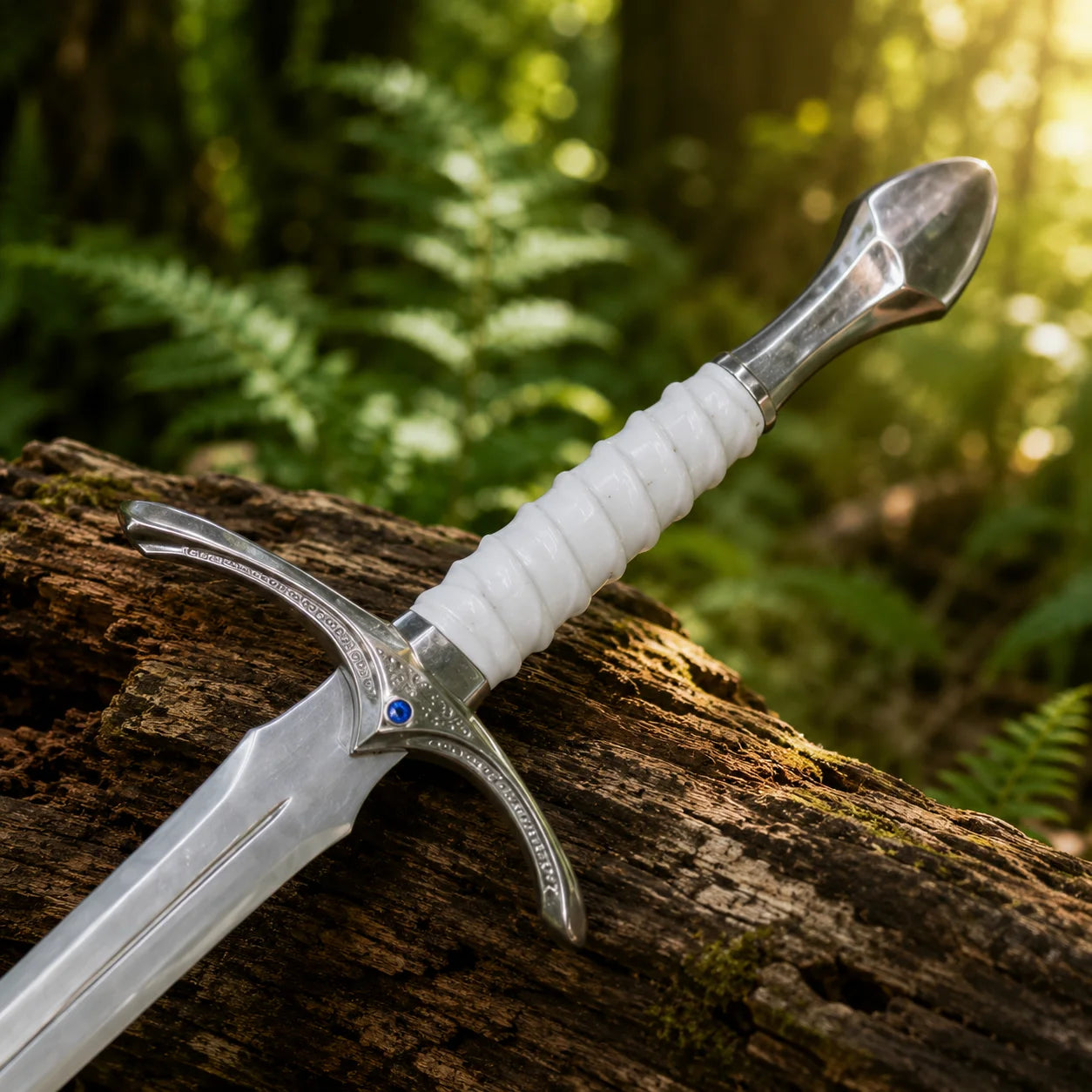 Glamdring sword of Gandalf White prop replica full length on mossy rock in golden bokeh showing complete polished silver single fuller blade ornate engraved crossguard and white leather ribbed grip – LOTR collectible