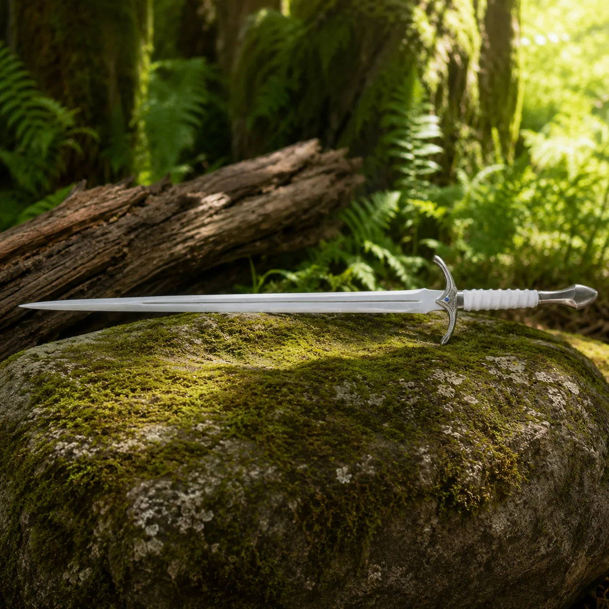 Glamdring sword of Gandalf White prop replica full length on mossy forest rock showing complete single fuller blade ornate engraved silver crossguard blue gem and white leather ribbed grip – Tolkien LOTR fan gift