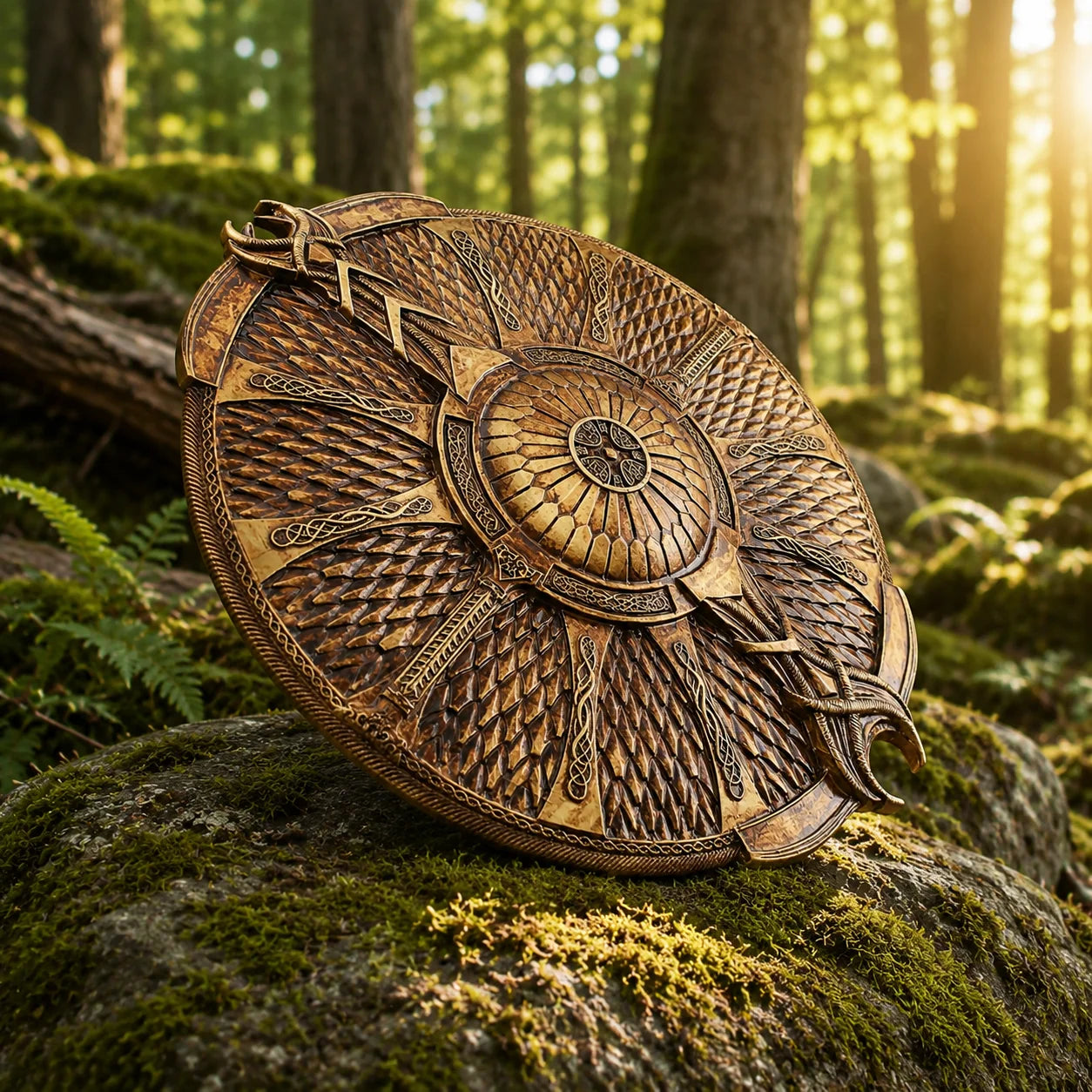 Top-down view of Kratos Shield prop replica with Norse knotwork detailing – God of War collectible