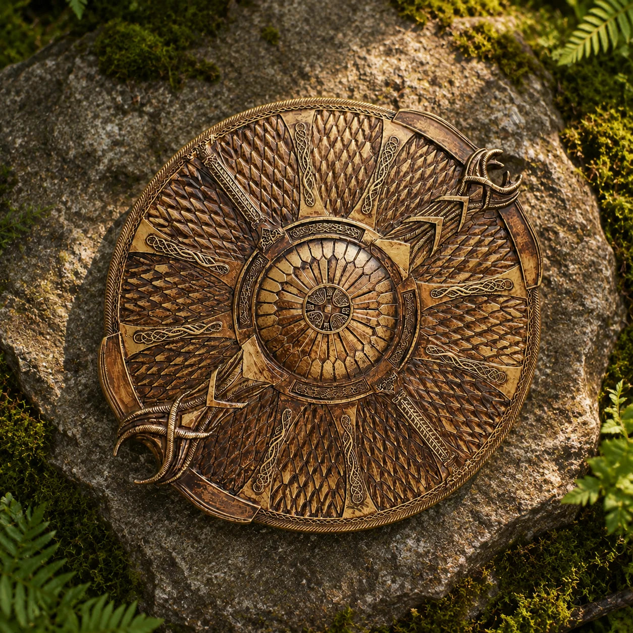 Kratos Shield cosplay prop replica flat lay on stone – God of War display collectible