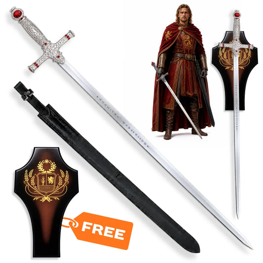 Godric Gryffindor sword Harry Potter prop replica with silver engraved blade, yellow wrapped handle, black sheath and display plaque