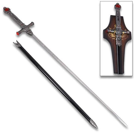 32-inch Godric Gryffindor sword showcased with scabbard and plaque