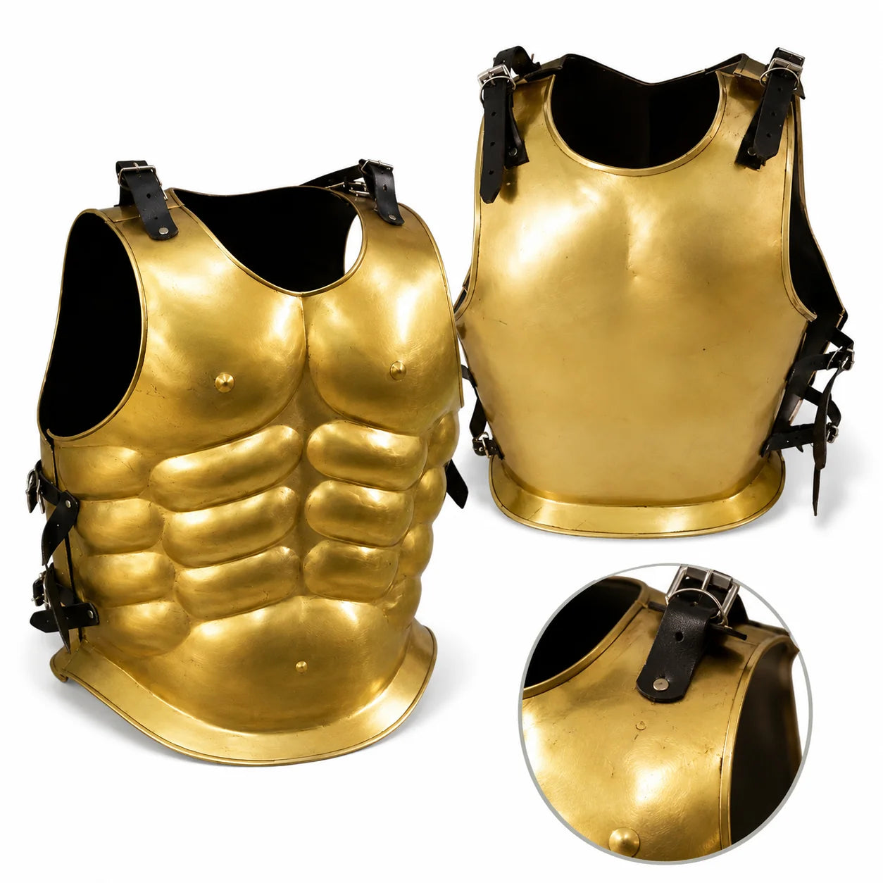 King Leonidas Spartan muscle cuirass prop replica gold finish – held display view