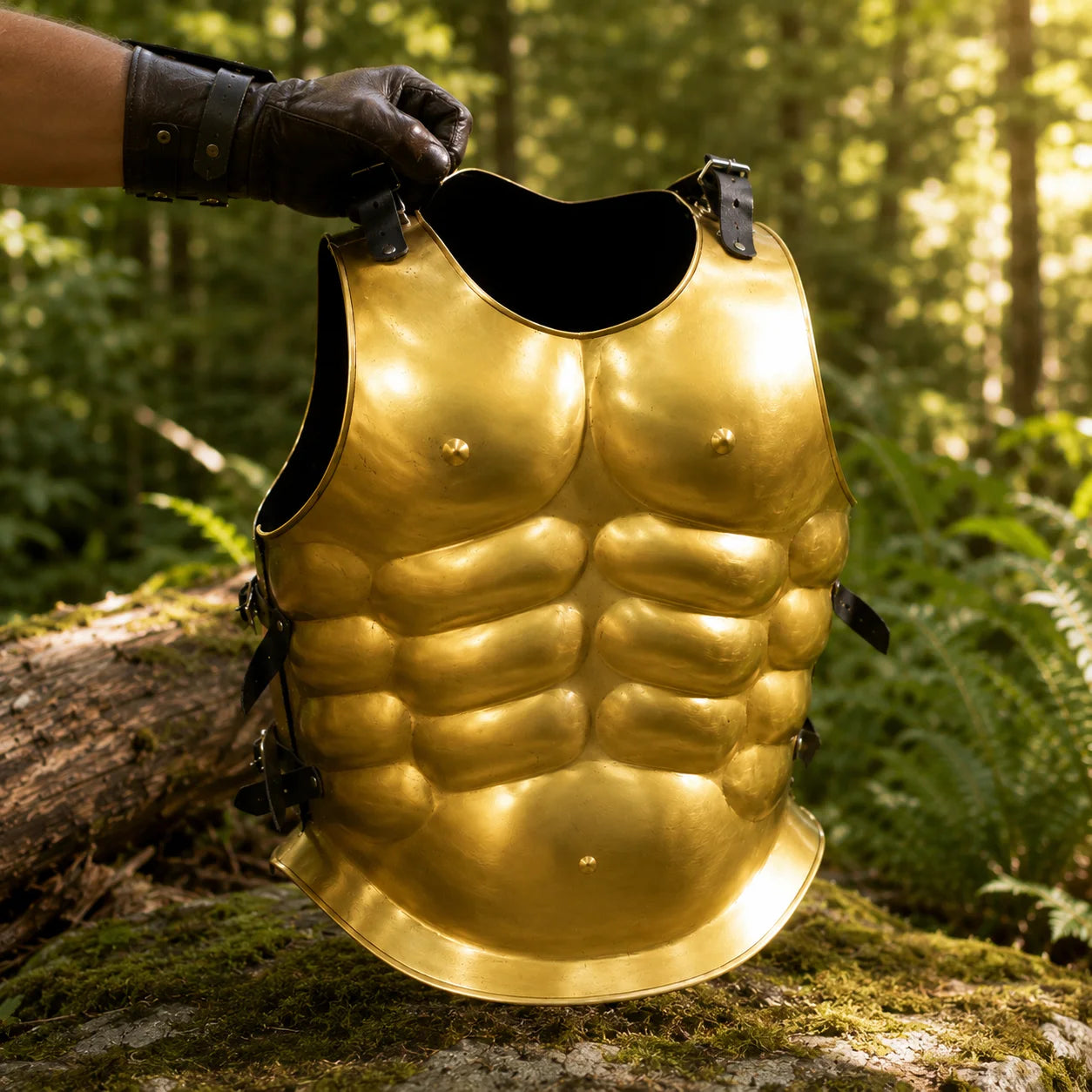 Greek Spartan muscle cuirass prop replica – sculpted abs detail close-up gold finish