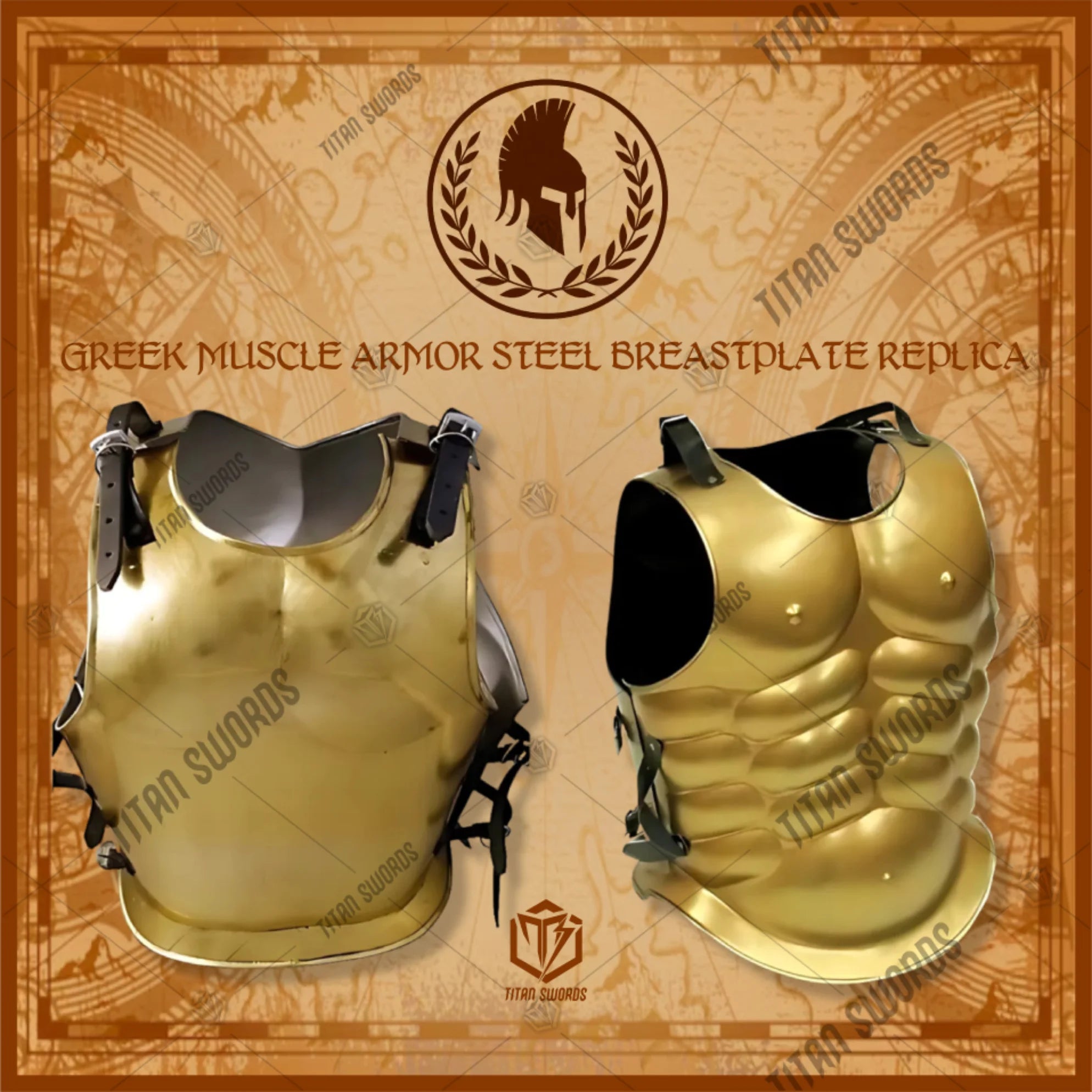 Premium Greek Muscle Cuirass Armor Steel Breastplate Replica Gold with high-carbon stainless steel.