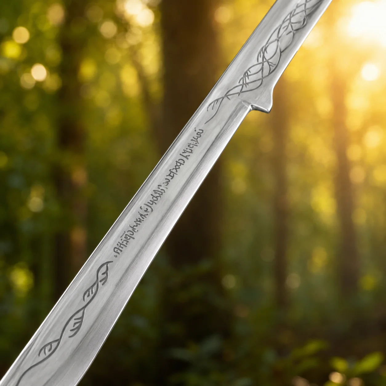 Hadhafang Arwen sword prop replica full length with black leather scabbard crossed on mossy forest rock – Lord of the Rings fan gift
