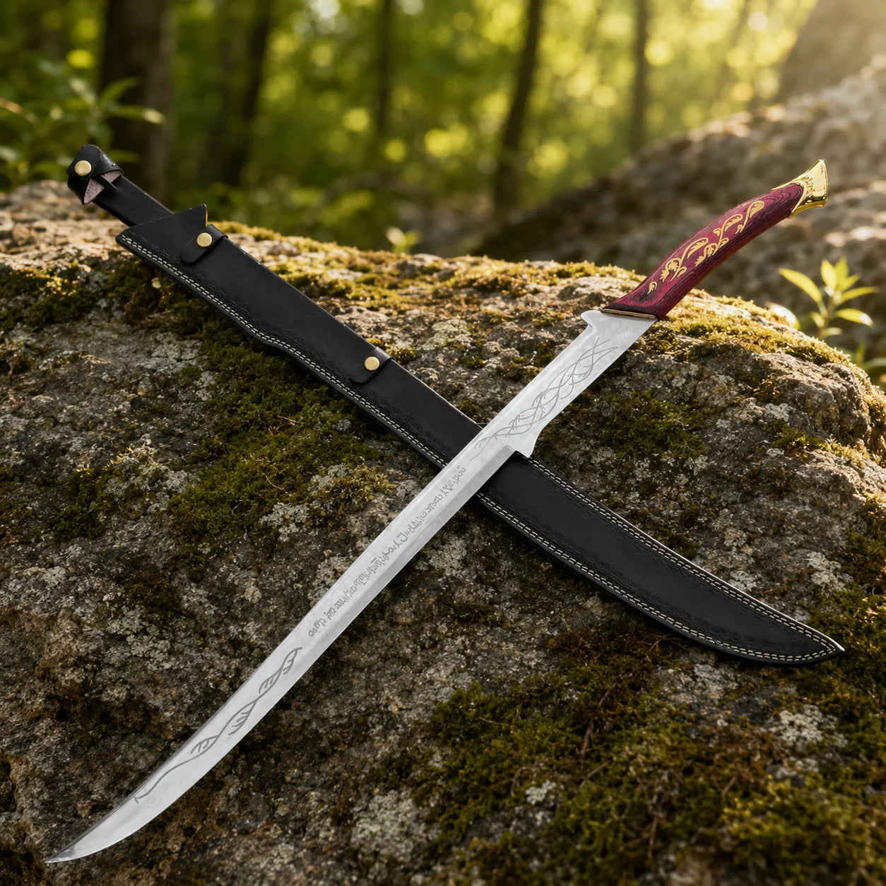 Hadhafang Arwen sword prop replica full length with black leather scabbard on white background showing blade and handle detail – LOTR Elven collectible