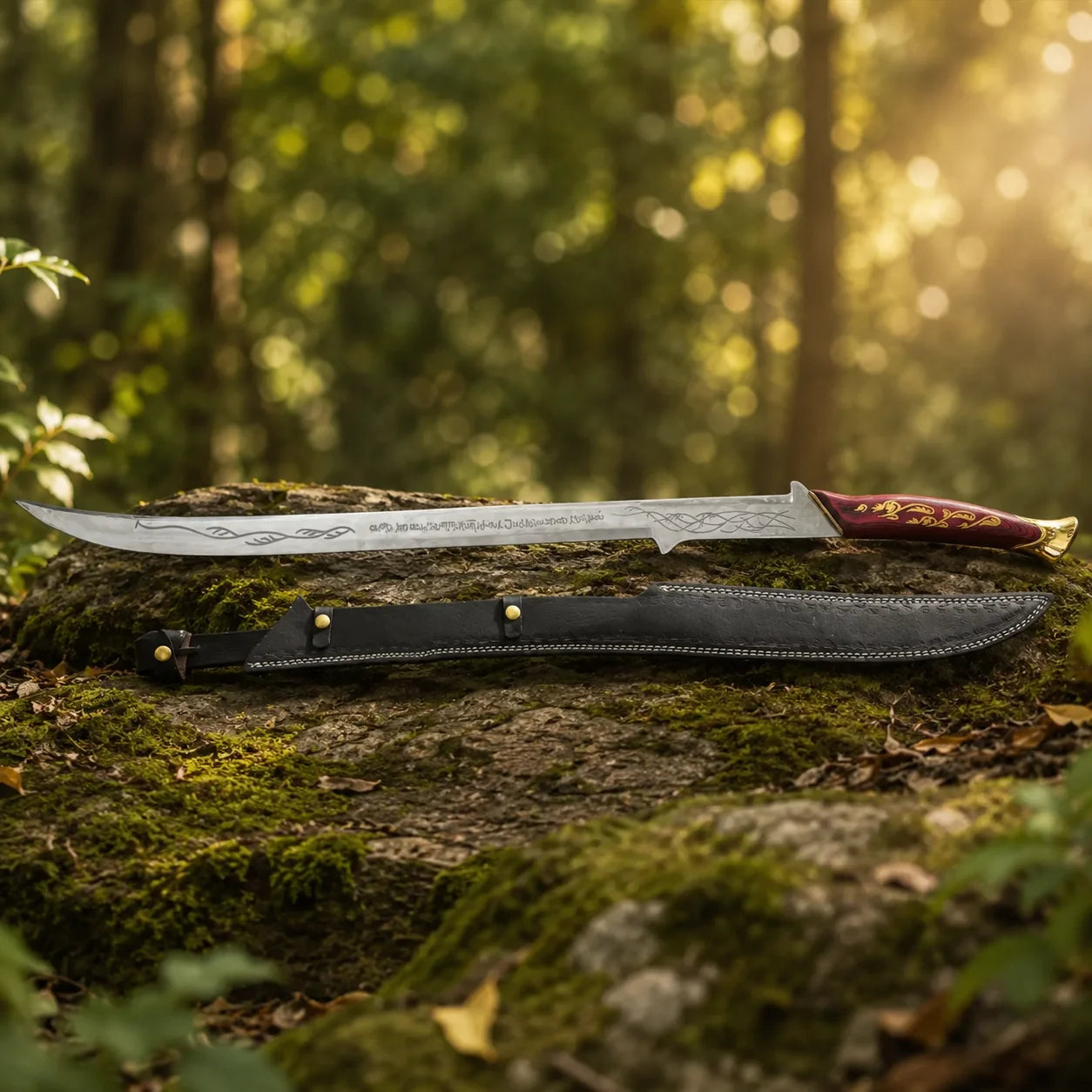 Hadhafang Arwen LOTR display replica collectible featuring a reddish-brown handle with gold elven vines, engraved metallic blade, and black stitched scabbard