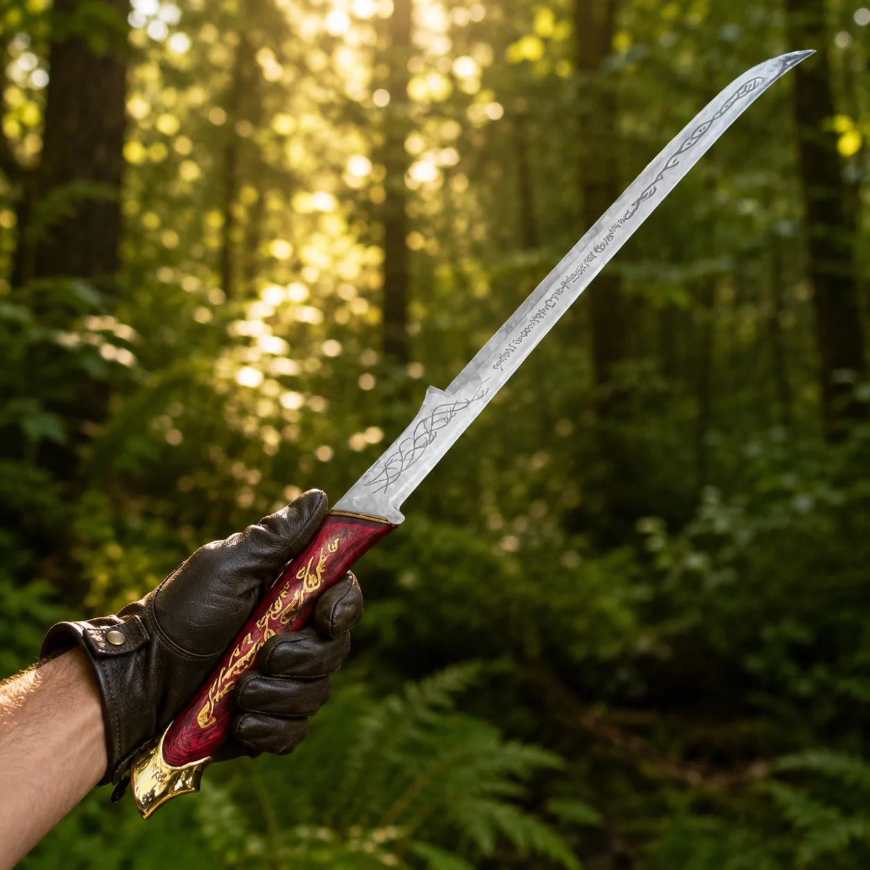 Hadhafang Arwen LOTR display replica collectible featuring a reddish-brown handle with gold elven vines, engraved metallic blade, and black stitched scabbard