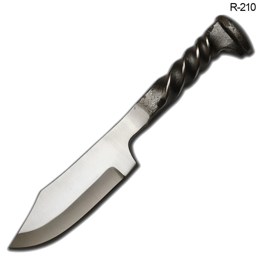 Hand forged twisted railroad spike knife full view with leather sheath and belt loop