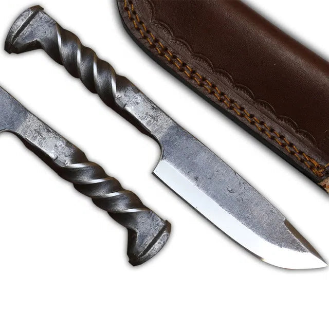 Full tang construction and leather sheath with belt loop on spike knife