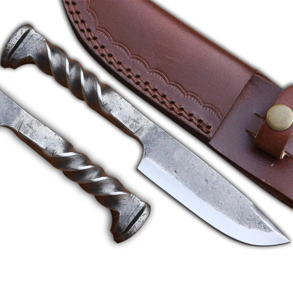 Full tang construction and leather sheath with belt loop on spike knife
