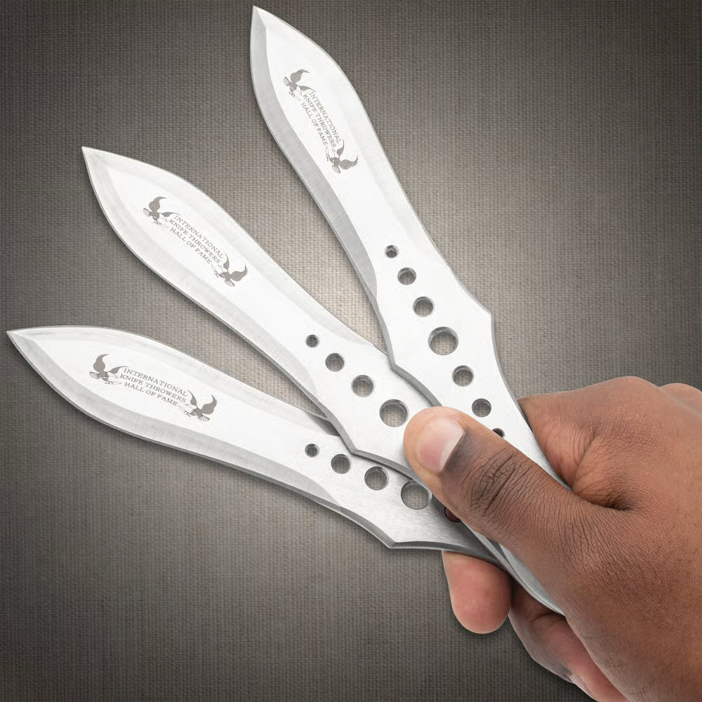 Gil Hibben Hall of Fame throwing knife set with leather belt sheath and target