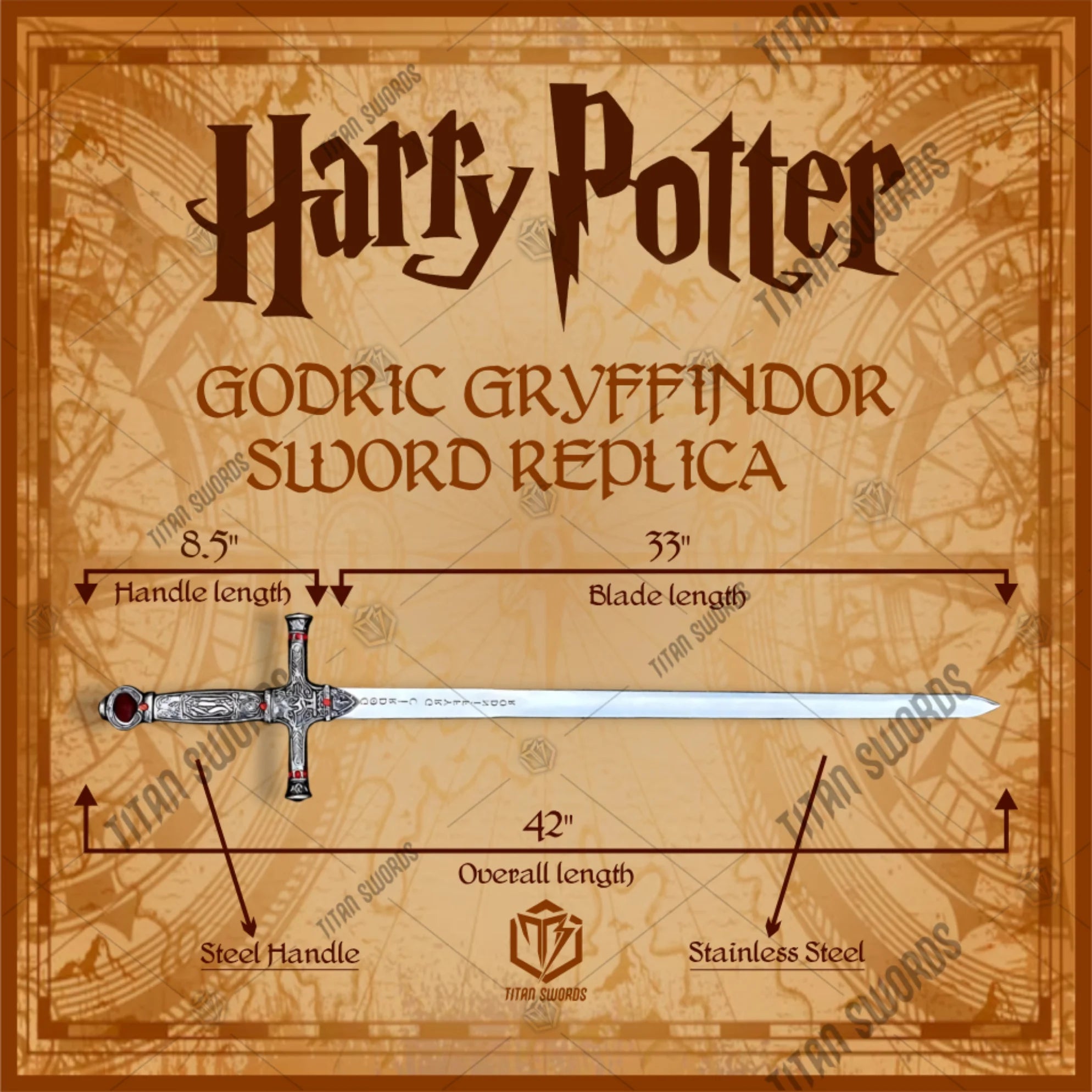 Premium Harry Potter Godric Gryffindor Sword Replica with ruby cabochons.
