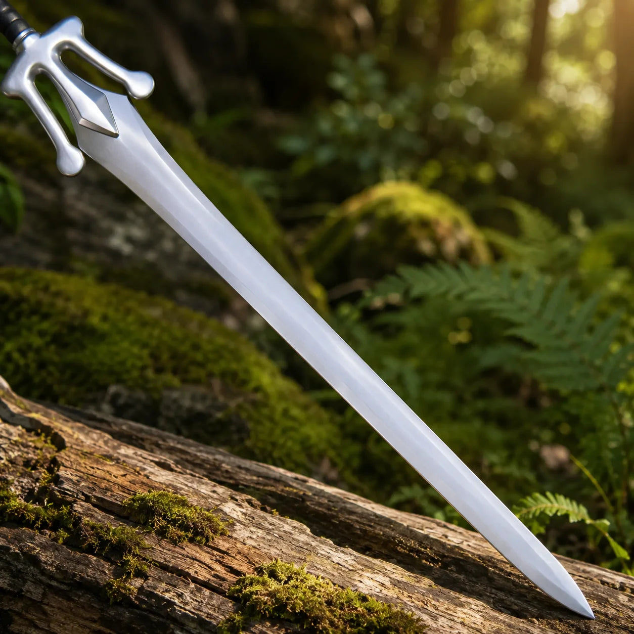 He-Man Power Sword prop replica full length view on log in forest – Masters of the Universe display piece