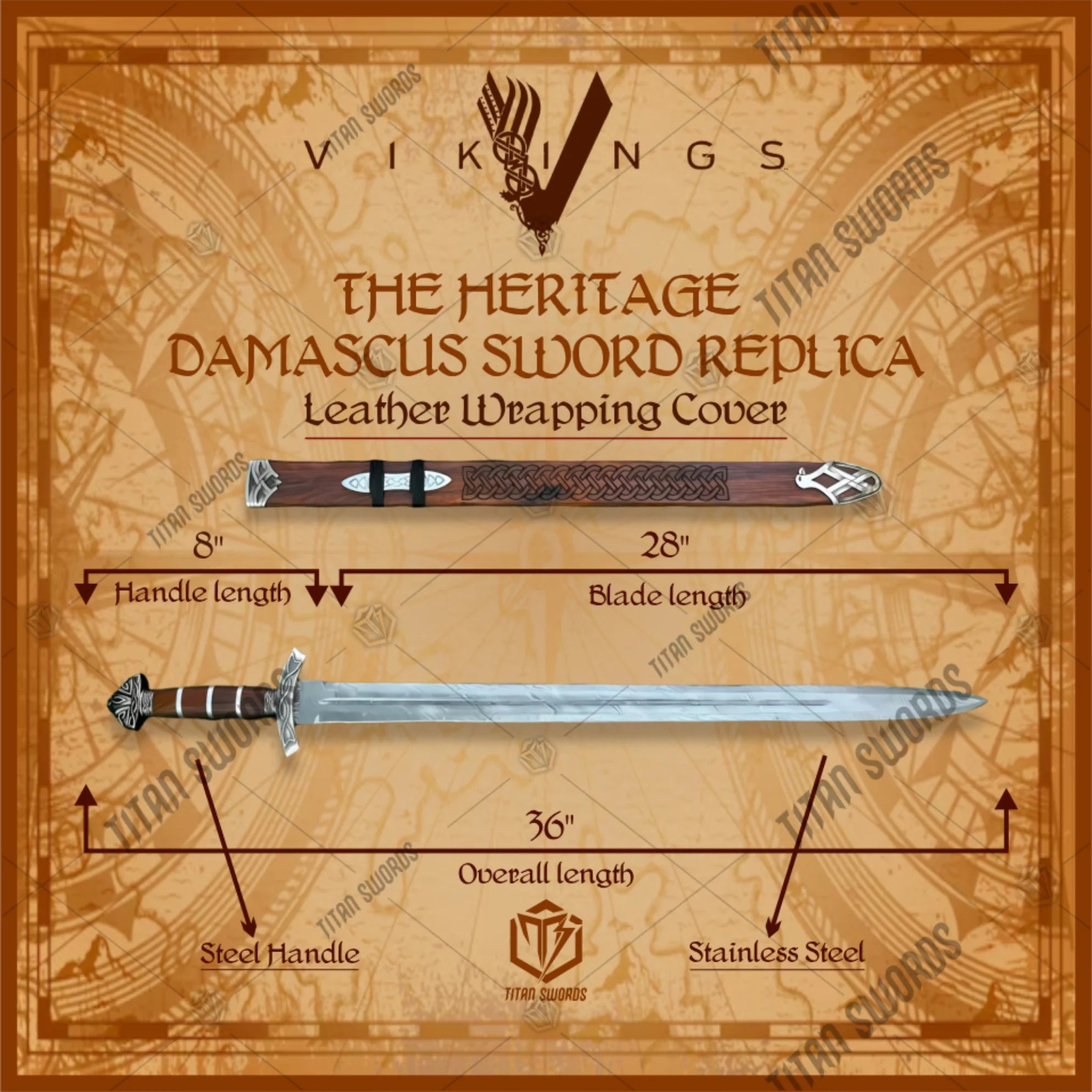 Premium Heritage Damascus Sword Viking Replica with hand-forged steel.