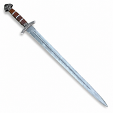 Viking Warrior Damascus sword prop replica held in forest – Norse legend display collectible