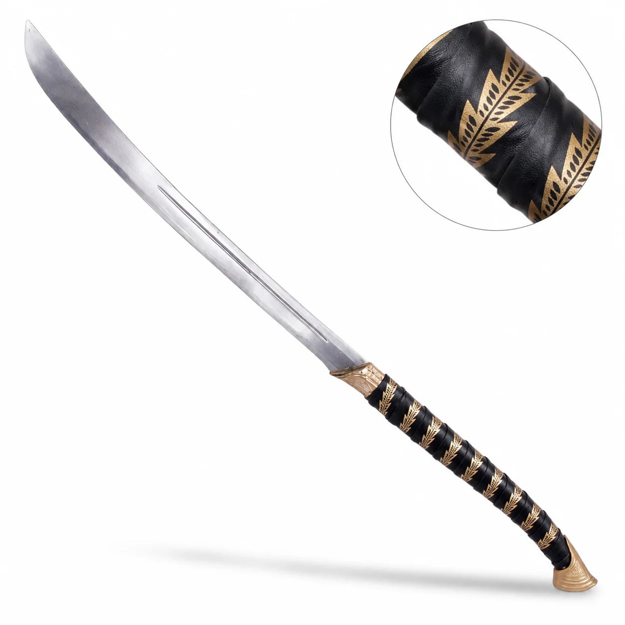 High Elven Warrior sword prop replica close-up of black leather spiral grip with gold Elvish leaf fern motif bands and large ornate gold triangular fan-shaped pommel on mossy rock – LOTR display collectible